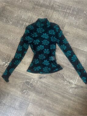 Bar III Black Sheer Mock Neck Top with Teal Floral Print